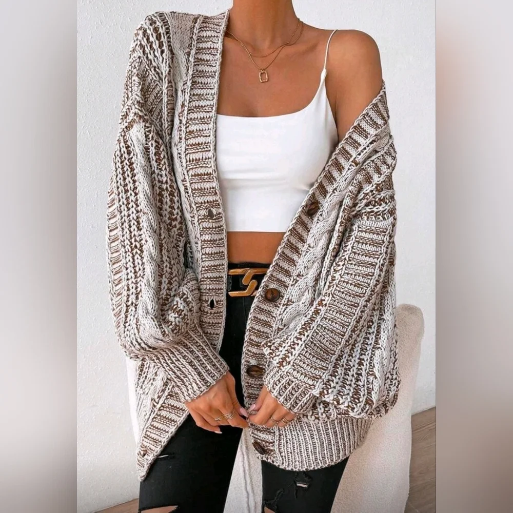 New Boho Chunky Cable Knit Cardigan Sweater Cream White Brown - Picture 3 of 10